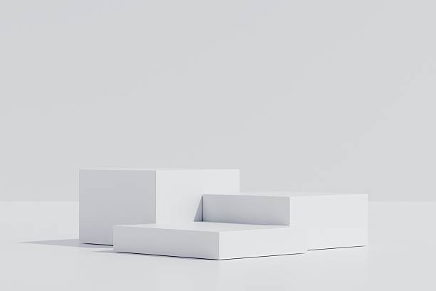 istock 3d Abstract white room with realistic white square pedestal podium set and leaf shadow overlay. Minimal design scene for stage product display presentation. Geometric platform. 3D render illustration. 2253705793