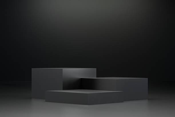istock 3d Abstract luxury black room with realistic white square pedestal podium set and leaf shadow overlay. Minimal design scene for stage product display presentation. Geometric platform. 3D rendering. 2253705849