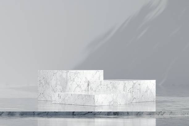 istock 3d Abstract white room with realistic white marble square pedestal podium set and leaf shadow overlay. Minimal design scene for stage product display presentation. Geometric platform. 3D rendering. 2253705865