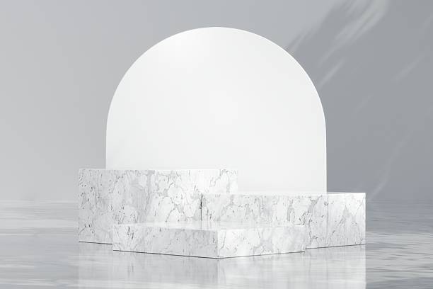 istock 3d Abstract white room with realistic white marble square pedestal podium set and leaf shadow overlay. Minimal design scene for stage product display presentation. Geometric platform. 3D rendering. 2253705866