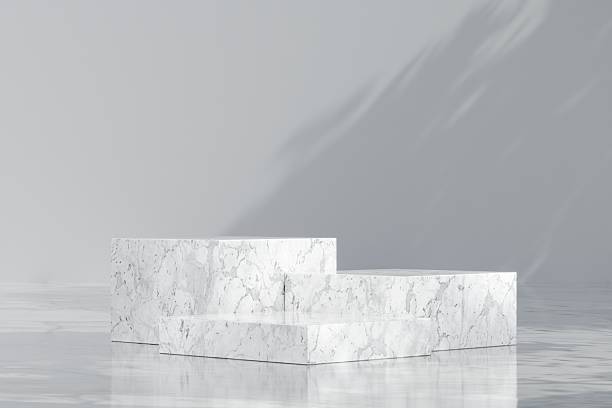 istock 3d Abstract white room with realistic white marble square pedestal podium set and leaf shadow overlay. Minimal design scene for stage product display presentation. Geometric platform. 3D rendering. 2253705867