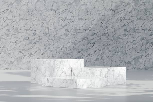 istock 3d Abstract white room with realistic white marble square pedestal podium set and leaf shadow overlay. Minimal design scene for stage product display presentation. Geometric platform. 3D rendering. 2253705871