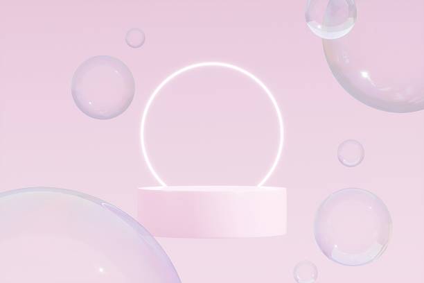 istock 3d Geometric shape neon light with podium product display and circle ring on pink background. Abstract minimal geometric stage, platform bubble spheres for display product cosmetic. 3d rendering. 2253706076