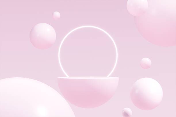 istock 3d Geometric shape neon light with podium product display and circle ring on pink background. Abstract minimal geometric stage, platform bubble spheres for display product cosmetic. 3d rendering. 2253706077