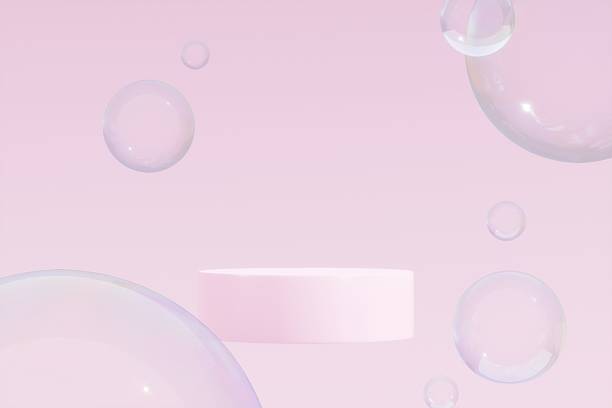 istock 3d Geometric shape neon light with podium product display and circle ring on pink background. Abstract minimal geometric stage, platform bubble spheres for display product cosmetic. 3d rendering. 2253706080