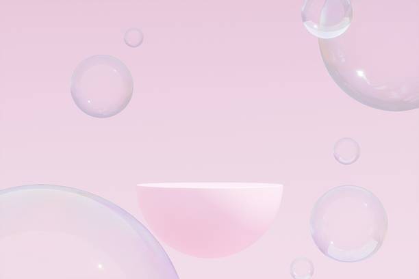 istock 3d Geometric shape neon light with podium product display and circle ring on pink background. Abstract minimal geometric stage, platform bubble spheres for display product cosmetic. 3d rendering. 2253706082