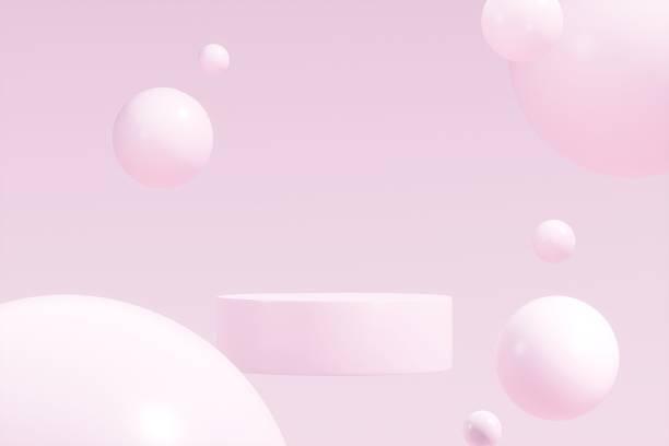 istock 3d Geometric shape neon light with podium product display and circle ring on pink background. Abstract minimal geometric stage, platform bubble spheres for display product cosmetic. 3d rendering. 2253706092