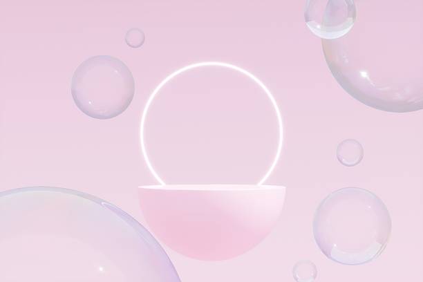 istock 3d Geometric shape neon light with podium product display and circle ring on pink background. Abstract minimal geometric stage, platform bubble spheres for display product cosmetic. 3d rendering. 2253706308