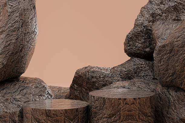 istock 3D Black or grey geometric Stone and Rock shape background, 3d minimalist mockup for podium display or stage showcase, pedestal for brand product presentation exhibition, 3d rendering illustration. 2253706371