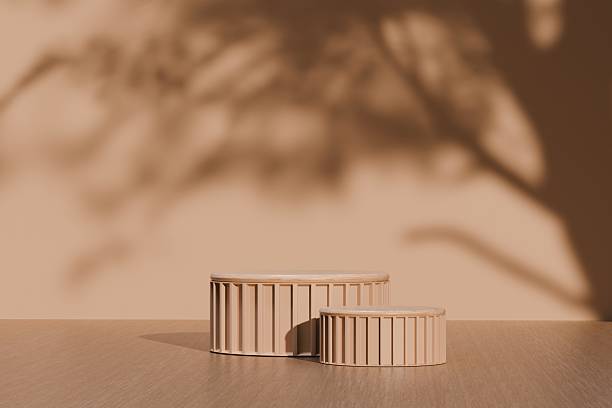 istock Minimal abstract luxury wood podiums block for product presentation with empty stage for nature, organic, spa, health, cosmetic, beauty, Sunshade shadow on beige and shadows of tree leaves 3d render. 2253706437