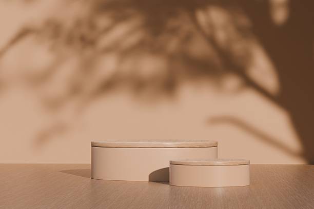 istock Minimal abstract luxury wood podiums block for product presentation with empty stage for nature, organic, spa, health, cosmetic, beauty, Sunshade shadow on beige and shadows of tree leaves 3d render. 2253706451