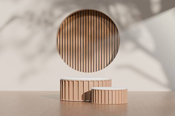 istock Minimal abstract wood podiums block with vertical wood pattern background for product presentation with empty stage nature, organic, spa, health, cosmetic, beauty, shadows of tree leaves. 3d render. 2253707584