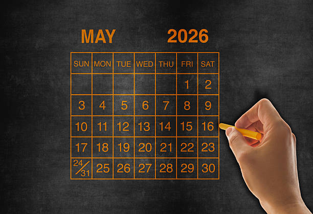 The May 2021 calendar is pinned on a yellow background. Horizontal composition with copy space.