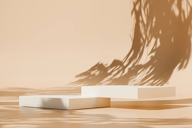 istock Abstract realistic beige rectangle cube podium pedestal background natural lighting wall scene. Minimal mockup product display presentation, Stage for showcase. Platforms geometric design. 3d render. 2253708912