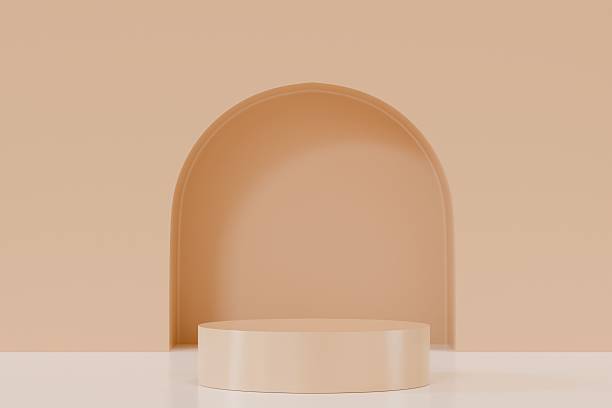 istock 3D Podium empty stylish beige cylinder with beautiful morning sunlight with dappled light on white wall in background. Beauty, skincare, cosmetic products display backdrop. Natural showcase. 3d render 2253708958