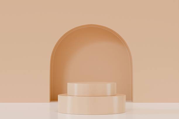 istock 3D Podium empty stylish beige cylinder with beautiful morning sunlight with dappled light on white wall in background. Beauty, skincare, cosmetic products display backdrop. Natural showcase. 3d render 2253708959