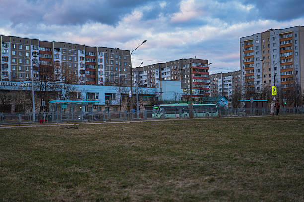 istock Twilight Minsk streetscape with Soviet era blocks and city bus 2253709000