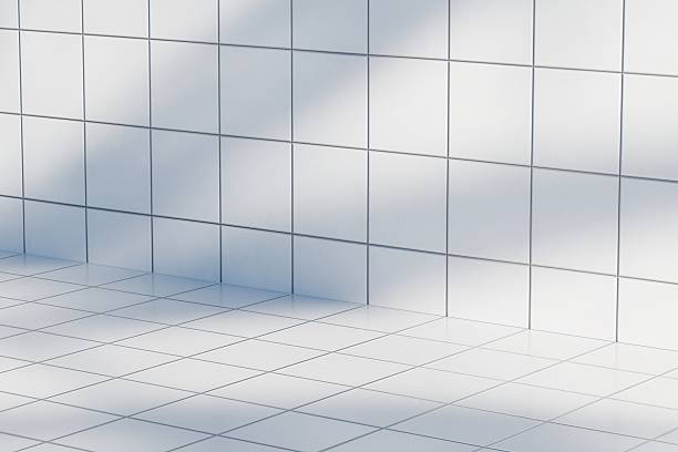 istock 3d white tiled bathroom corner with soft window shadows. clean minimal hygiene concept. bright studio scene for skincare, soap, shampoo branding display. 3d render. 2253709338