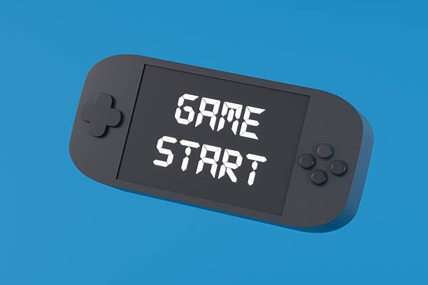 istock 3d game console, Mini console icon black and white objective isolated on blue background. retro game design concept. Video games concept. Minimal cartoon.3D Rendering. A place for text, copy space. 2253710217