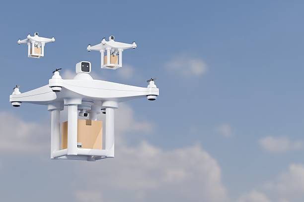 3D Blank white drones or quadrocopter on cloud background, group of tipple, side view. Empty wireless helicopter flying with parcel. Clear technology outdoor robot toy for delivery. 3d rendering.