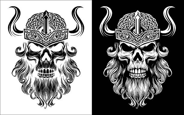 A Viking skull skeleton warrior or barbarian gladiator man mascot face looking strong wearing a helmet. In a retro vintage woodcut style.