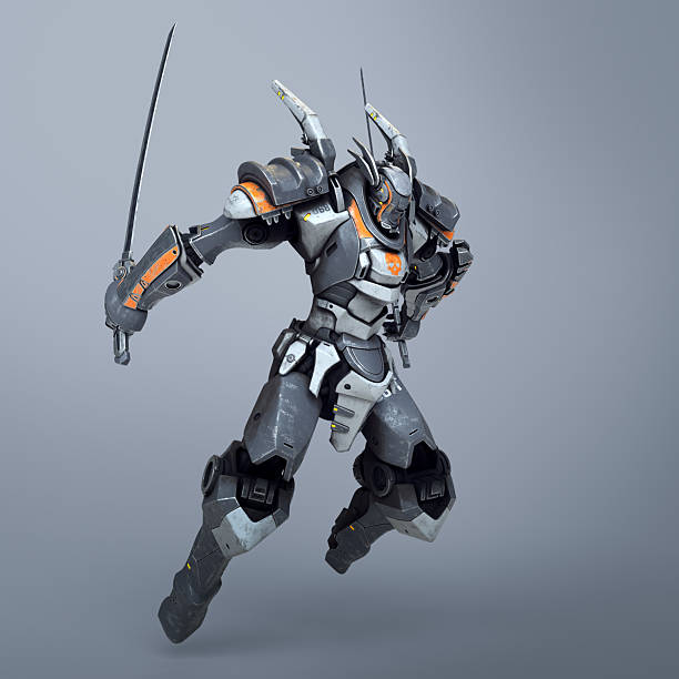 istock 3d render sci-fi mech warrior holding two swords in fighting position. Mech in a jumping pose. Futuristic robot with white and gray color metal. Mech Battle. Orange paint on a gray background. 2253725235