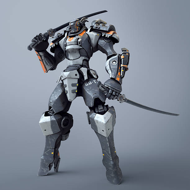 istock 3d render mech samurai warrior standing and holding two swords. Robot with a katana on his shoulder. Futuristic robot with white and gray color metal. Sci-fi Mech Battle on gray background. 2253725236