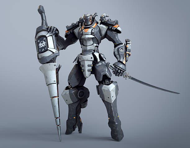 istock 3d render sci-fi mech warrior holds a large lance with one hand and a katana in the other hand. Futuristic robot with white and gray color metal. Mech Battle. Orange paint. 3D rendering on a gray background. 2253725237