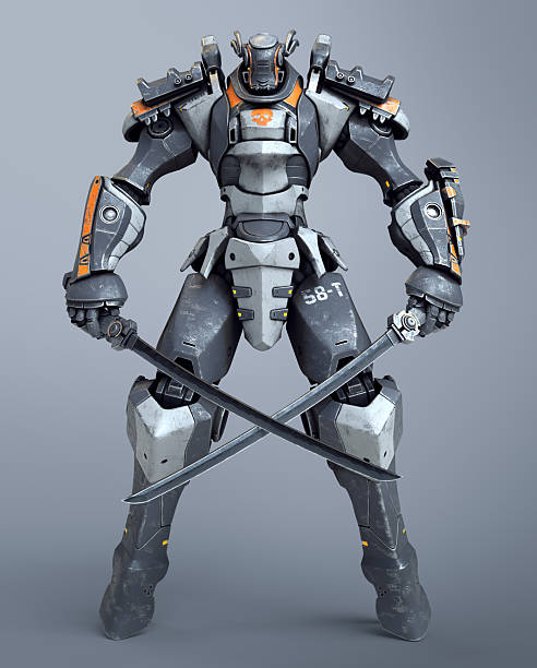 istock 3d render mech samurai warrior standing and holding two swords. Two crossed Japanese samurai katana swords. Futuristic robot with white and gray color metal. Sci-fi Mech Battle on gray background 2253725259