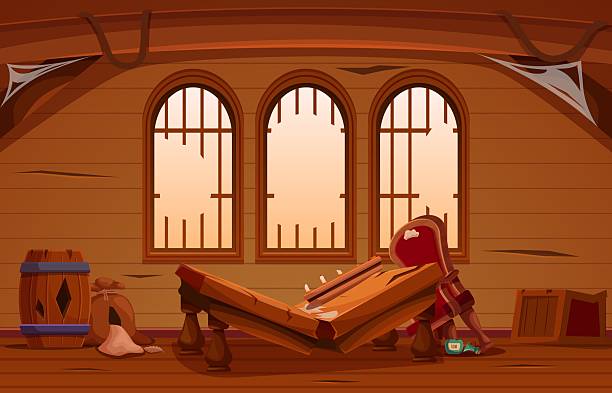Abandoned captain cabin. Ship room with broken furniture. Broken windows, cobwebs on walls, destroyed wooden tables, chair and barrels, sapid vector scene original artwork