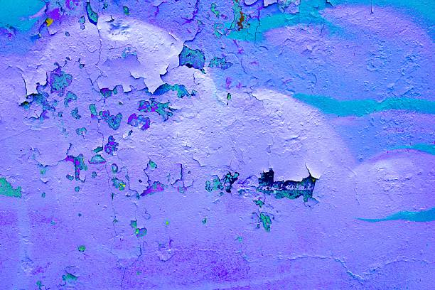 Textured surface with peeling paint in vibrant purple and teal. 90s, trippy style, grunge texture, abstract patterns. Posters, digital art, modern 90s, 2000s creative visuals.