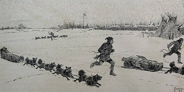 Antique illustration pre 1900 - team of sled dogs pulling a load with men running beside them