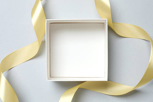 Open box with silk ribbon on gray background