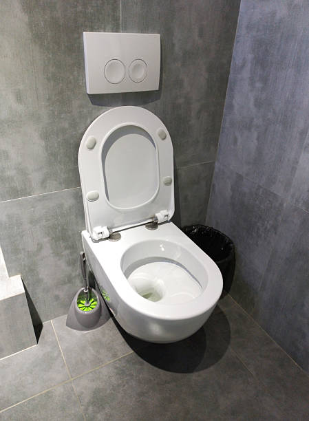 istock A modern wall-hung toilet with an open lid installed in a gray-tiled bathroom 2253735643