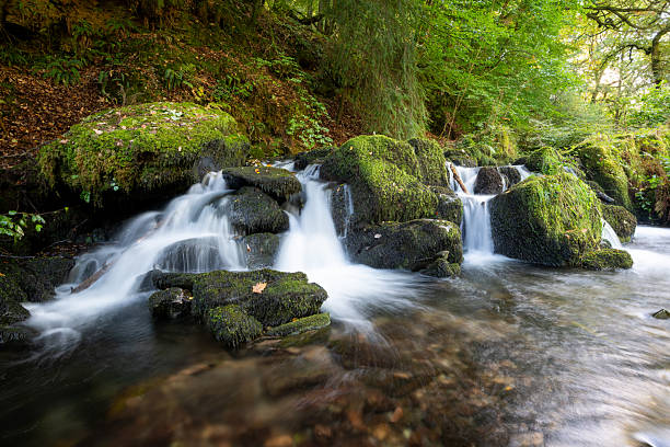 Long exposure of a waterfall on the Hoar Oak Water river at Watersmeet in Exmoor National Park