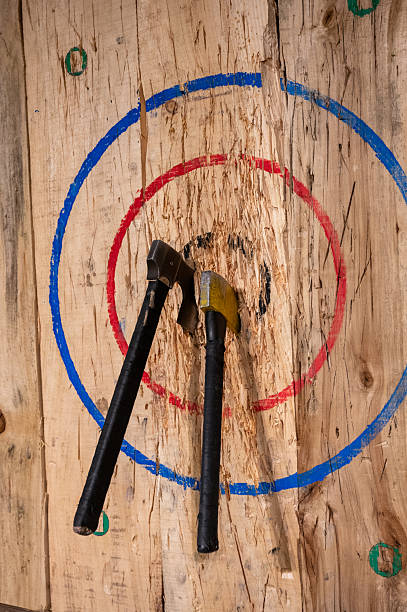 Front view of two axes in a wood target