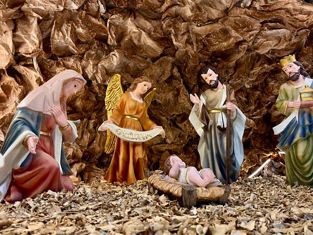 close-up of a christmas nativity scene with figurines in a warsaw church