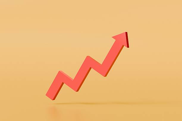 istock 3D Red arrow graph higher icon isolated on yellow background. analytics online investment exchange, finance business economics, arrow red up graph concept. minimal cartoon. 3d render illustration. 2253750727