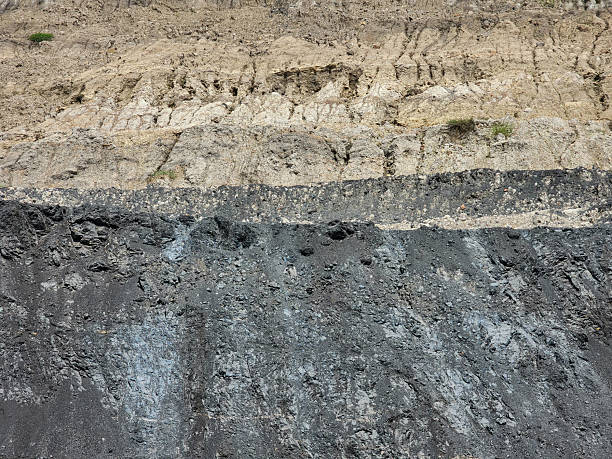 istock Coal seam layers exposed in open-pit mine wall, black coal band with rock strata and stone material, rough textured geology background, mining and fossil fuel concept 2253752768