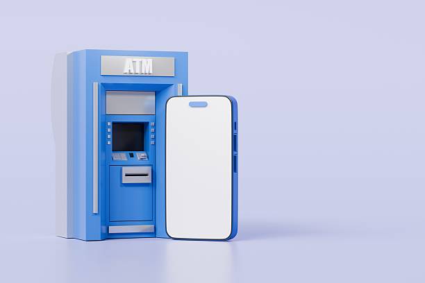 istock 3d ATM Machine with mobile smartphone icon isolated on blue background. Money transfer account online, E-business finance money payment service concept. Minimal 3d ATM money tranfer icon. 3d render. 2253753537