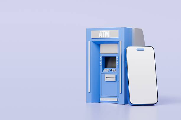 istock 3d ATM Machine with mobile smartphone icon isolated on blue background. Money transfer account online, E-business finance money payment service concept. Minimal 3d ATM money tranfer icon. 3d render. 2253753545