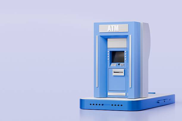istock 3d ATM Machine with mobile smartphone icon isolated on blue background. Money transfer account online, E-business finance money payment service concept. Minimal 3d ATM money tranfer icon. 3d render. 2253753549