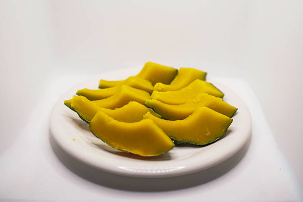Fresh yellow pumpkin slices arranged on a white plate. Healthy vegetable food concept for clean eating and plant-based lifestyle