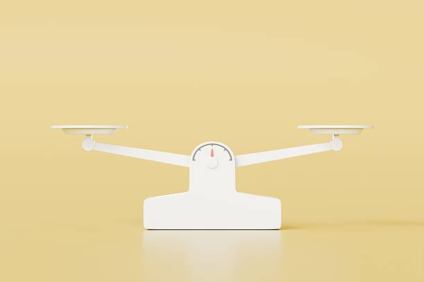 3D White Scales icon. comparison weight, Libra, unbalanced, minimal white Imbalance scales icon cartoon. isolated on yellow background use for graphic element and web banner. 3d render illustration.