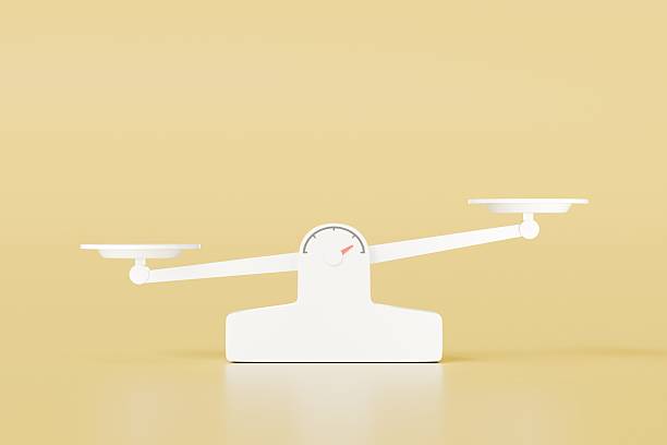 istock 3D White Scales icon. comparison weight, Libra, unbalanced, minimal white Imbalance scales icon cartoon. isolated on yellow background use for graphic element and web banner. 3d render illustration. 2253757699