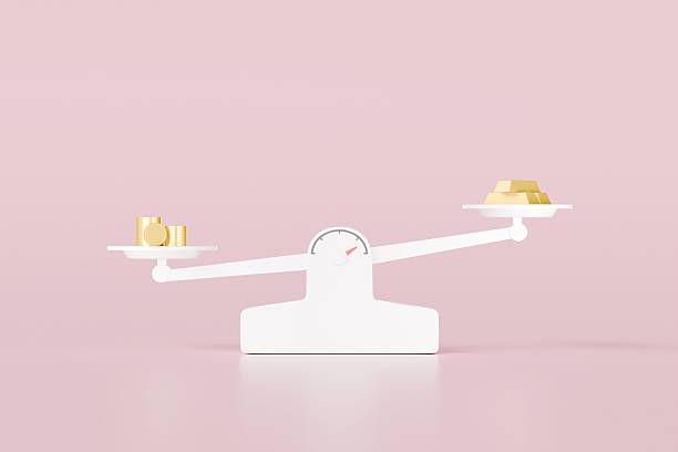 istock 3d Imbalance scales with gold ingot vs gold coin icon on isolated pink background. comparison weight or unbalanced scales icon. minimal cartoon.3D Rendering. Banner, a place for text, copy space. 2253757708