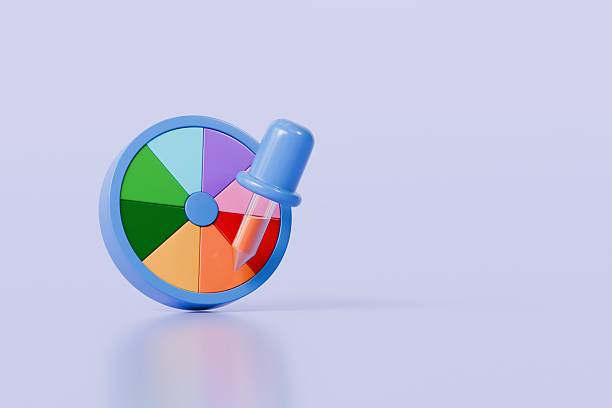 istock 3d Dropper tool color palette guide with color wheel icon on isolated background. Painter tool art design concept. Minimal Swatch tool suck colors pick designer tool use in design program. 3d render. 2253758180