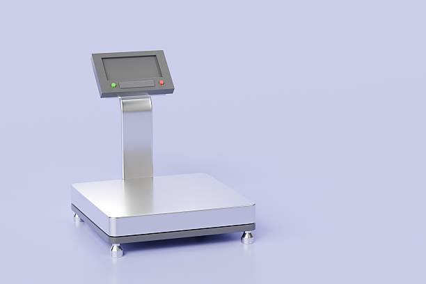 3d Warehouse scale icon on isolated purple background. Transportation cargo concept. logistic and Warehouse concept. Minimal Industrial scale, Shipping package scales, weight scales icon. 3d render.