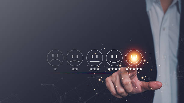 istock Business man touch happy smile face icon button. Concept online technology for customer satisfaction survey 2253758971