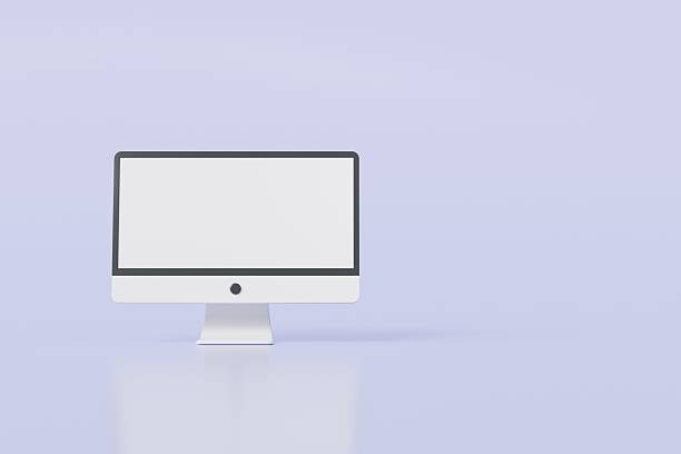 3D Realistic pc computer monitor display mockup icon on isolated purple background. Electronic hardware gadget device concept. 3d minimal computer device white screen creative icon design. 3d render.